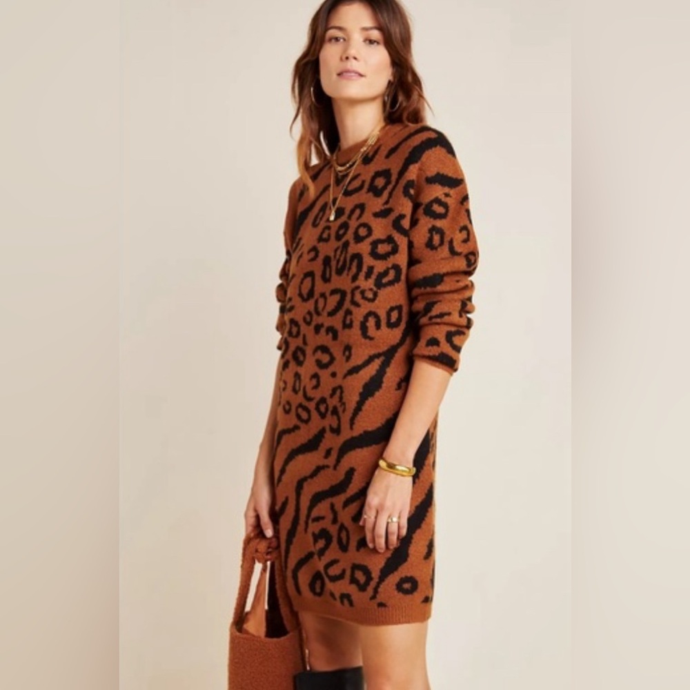 Anthropologie Brown and Black Leopard Print Sweater Dress